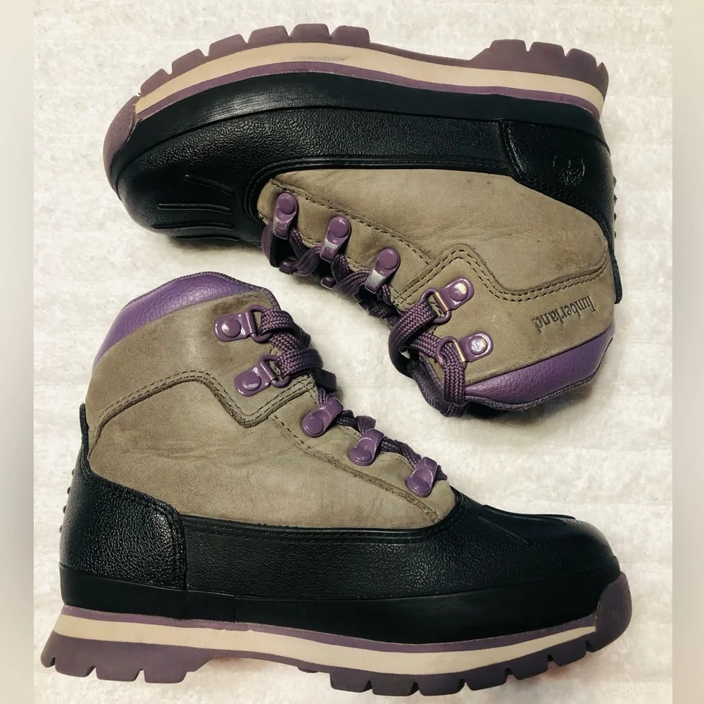 Timberland Youth Shell Toe Euro Unisex Hiker Boots, Grey/Purple. Size 13